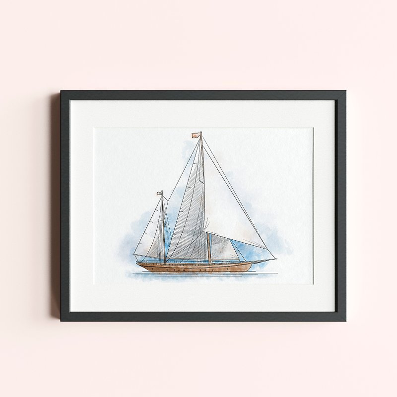 Sailing Vessel Wall Print, Sailing Ship Watercolor sketch Drawing, Sail Boat Art - 電子似顏繪/繪畫/插畫 - 其他材質 黑色