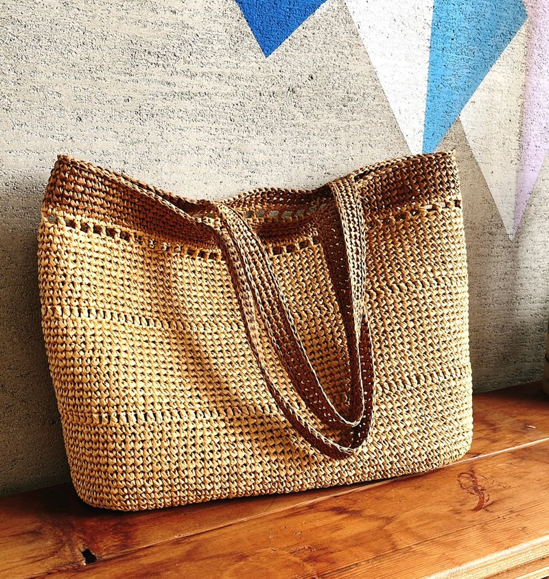 Trimmed raffia woven bag Khaki white trimmed camel - Handbags & Totes - Eco-Friendly Materials 