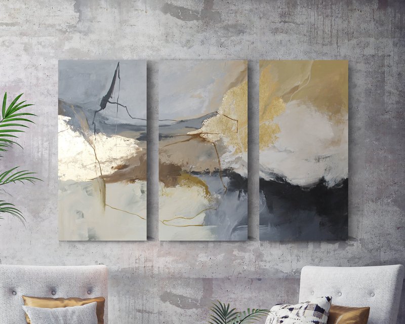 Gray Painting | Triptych Gray Abstract | Gray Abstract Painting |Desert Triptych - 壁貼/牆壁裝飾 - 棉．麻 灰色