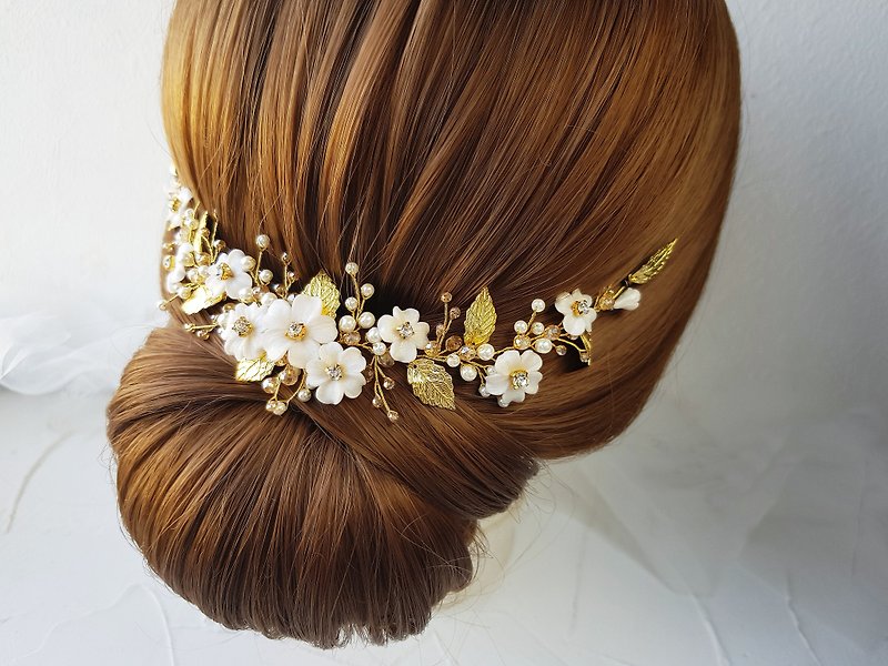 Bridal gold floral hair vine , bridal hair piece ivory pearl flower - Hair Accessories - Other Materials Gold