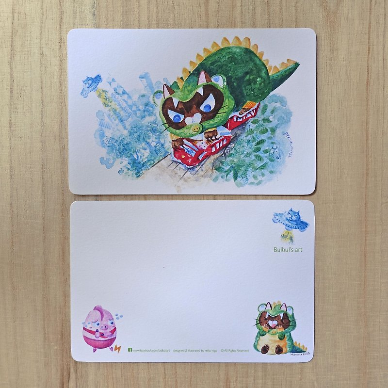 猫とモンスターが香港ケーブルカーのポストカードを破壊する - カード・はがき - 紙 グリーン