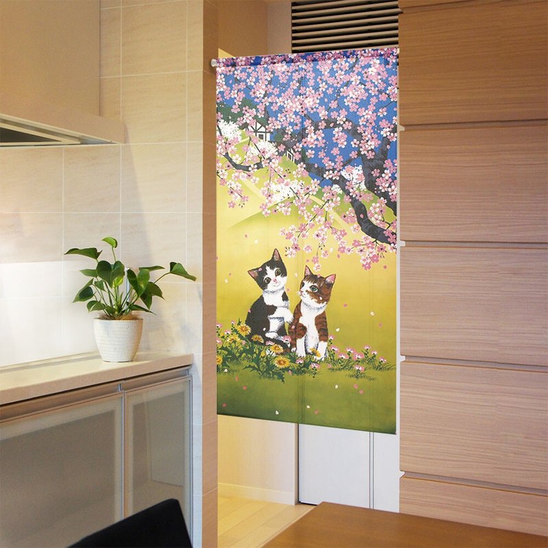 【Pre-order】Japanese cat and cherry blossom long door curtain - Doorway Curtains & Door Signs - Polyester Pink