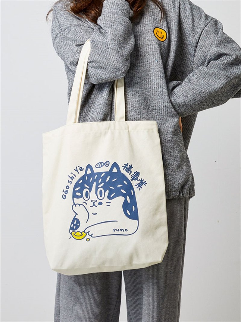 Cat canvas bag tote bag shoulder bag shopping bag - กระเป๋าแมสเซนเจอร์ - ผ้าฝ้าย/ผ้าลินิน สีน้ำเงิน