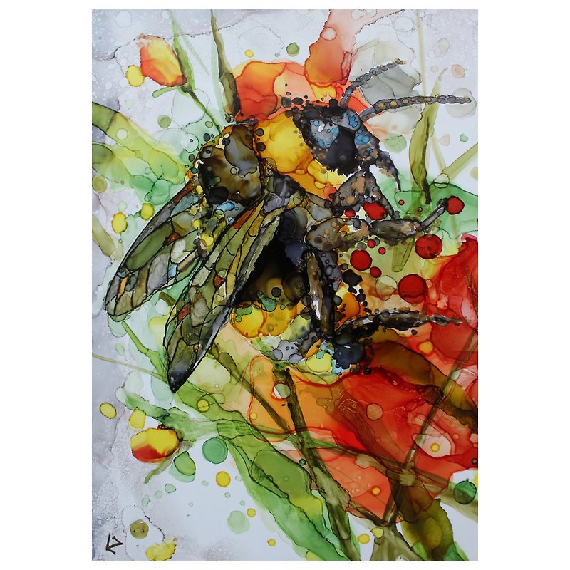 Painting of bumblebee flowers original painting 22*31cm - Wall Décor - Other Materials Multicolor
