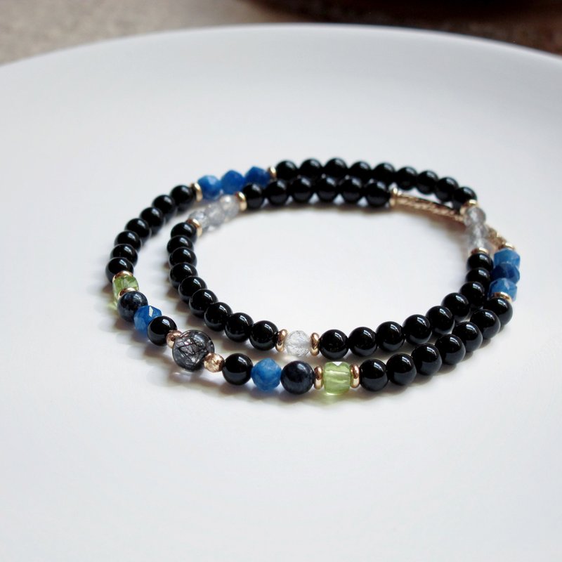 Double Circle Bracelet ∣ Clean Body Black Hair Crystal Blue Peter Stone Noble Work Luck - Bracelets - Semi-Precious Stones Black