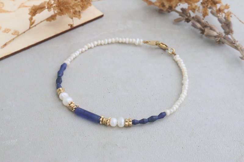 Pearl natural stone lapis lazuli bracelet Bronze--1057 swimming - - Bracelets - Gemstone Blue