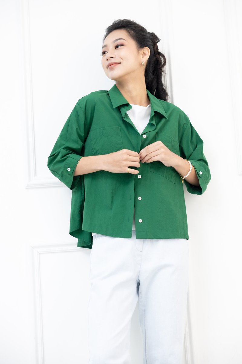 胸前口袋五分袖襯衫 綠色 - 女 T 恤 - 其他材質 綠色