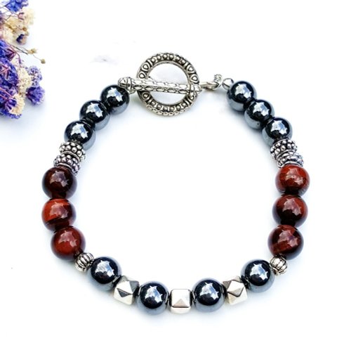 &amp;lt;Courage light round - red&amp;gt; red tiger eye Stone x black gall Stone bracelet natural stone custom to exchange gifts