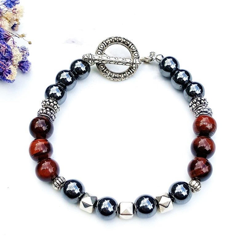 <Courage light round - red> red tiger eye Stone x black gall Stone bracelet natural stone custom to exchange gifts - สร้อยข้อมือ - คริสตัล สีดำ