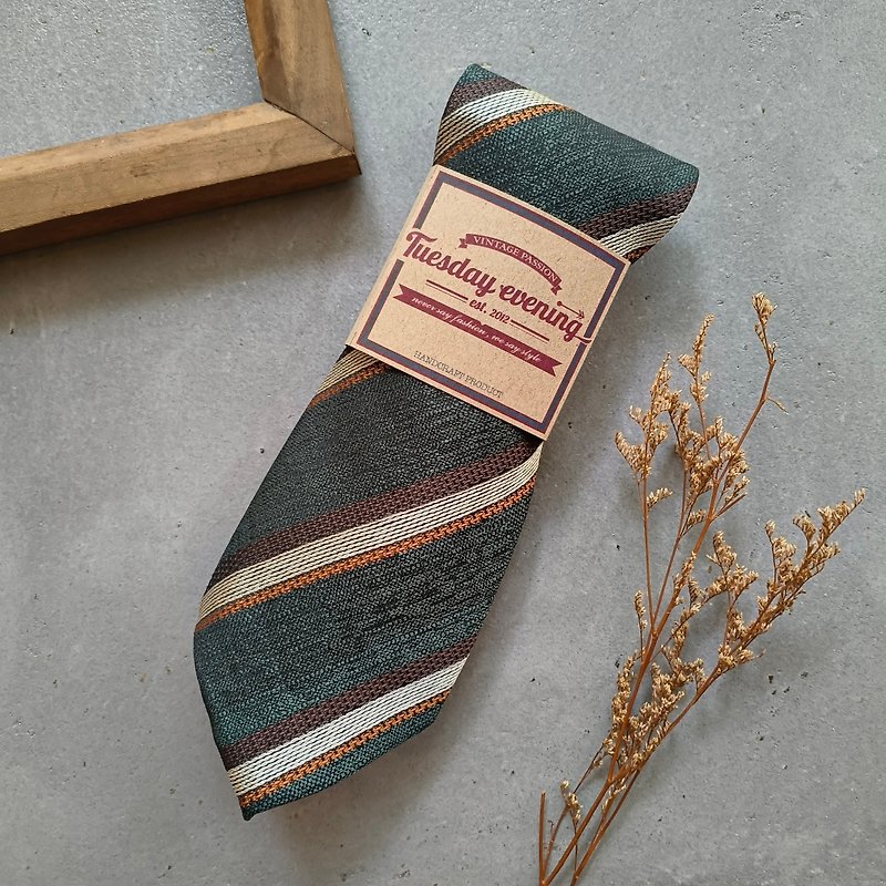 Necktie Pine Green with Brown Italian Stripe | 8cm - 領呔/呔夾 - 其他材質 綠色