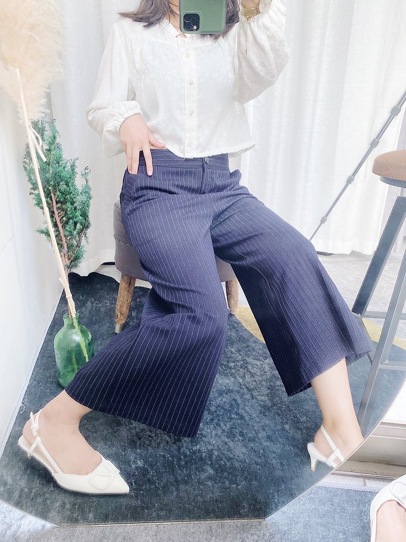 Deep sea blue straight pinstripe playful girl vintage cotton thin material trousers wide pants pants vintage