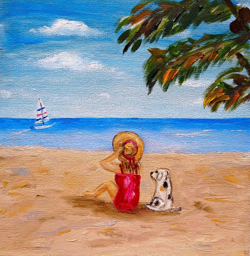 女孩与狗海边艺术的海边海滩度假原始油画 - 壁貼/牆壁裝飾 - 其他材質 多色