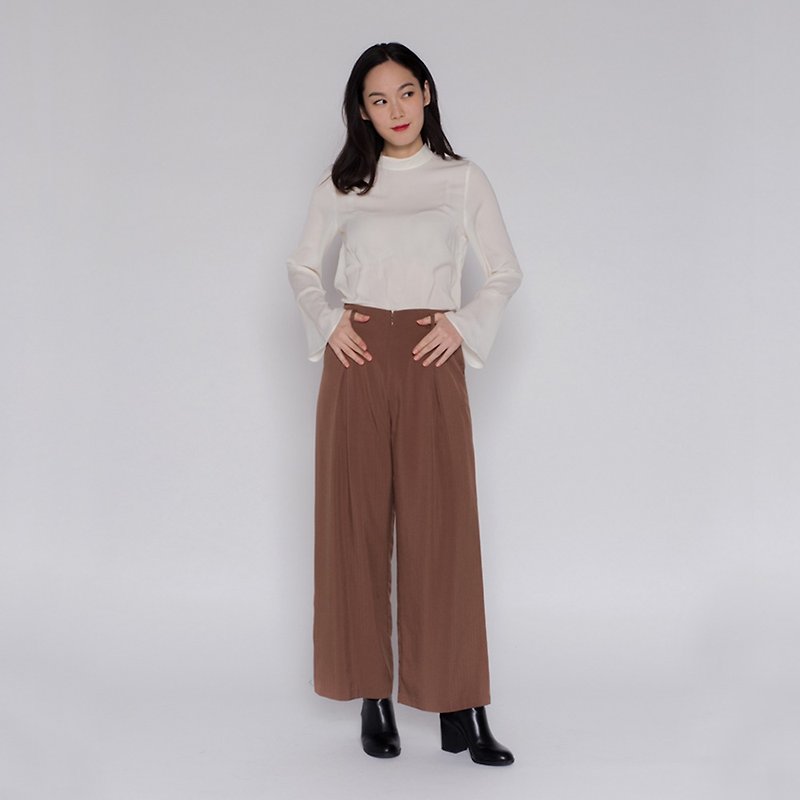 Elegant Nudging Pleated Wide Pants Exquisite Pleated Trousers - กางเกงขายาว - เส้นใยสังเคราะห์ สีนำ้ตาล