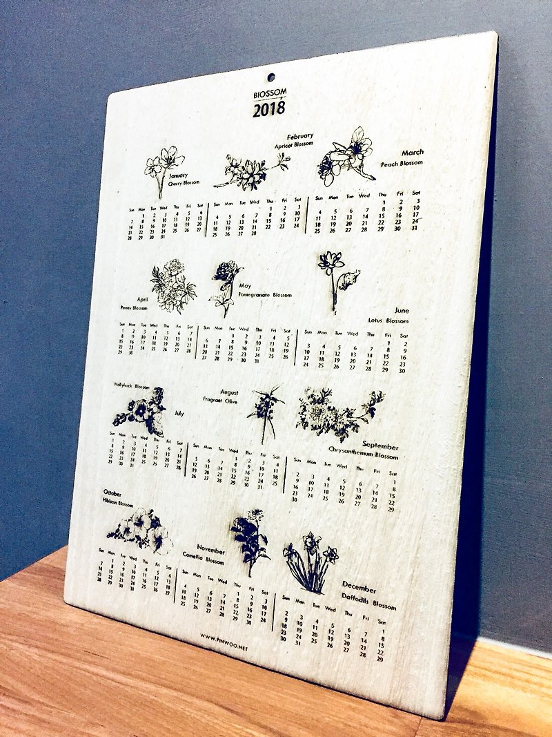 2019花卉年曆 / 原木梧桐木皮雷雕 - 聖誕節交換禮物的好選擇 - 年曆/桌曆 - 木頭 卡其色