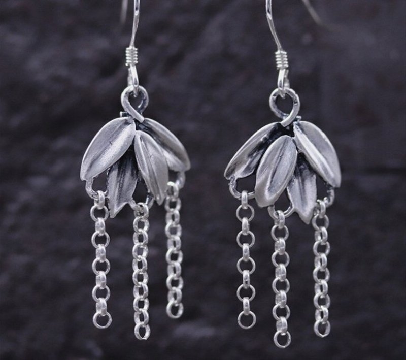 Real S925 Sterling Silver Women Handmade Carved Bamboo Leaves Earrings Ethnic - 耳環/耳夾/耳骨夾 - 純銀 銀色