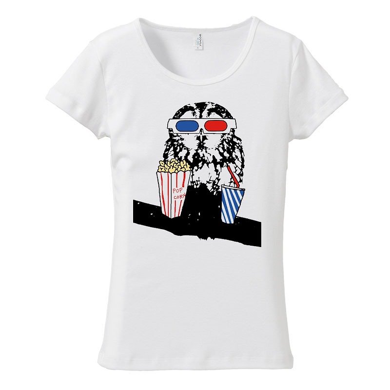 [Women's T-shirt] Movie watch owl - เสื้อยืดผู้หญิง - ผ้าฝ้าย/ผ้าลินิน ขาว