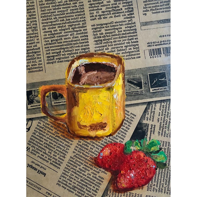 Cup of coffee painting, Original stylish wall art Strawberry still Life Food Art - โปสเตอร์ - วัสดุอื่นๆ 