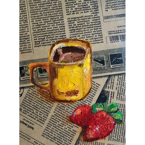 塔蒂艺术绘画工作室 Cup of coffee painting, Original stylish wall art Strawberry still Life Food Art