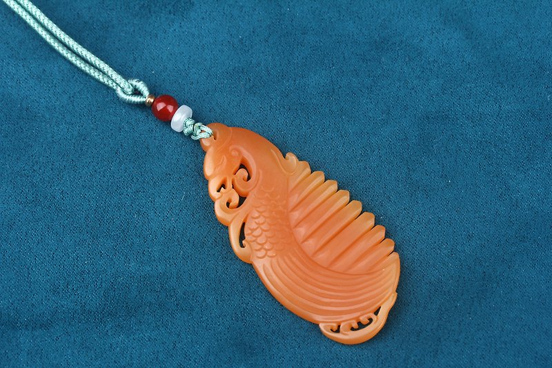 [Phoenix Comb] Natural Yellow Wax Stone Original Hand Comb | Charm | Pendant | Necklace Gift Couple - Necklaces - Jade Yellow