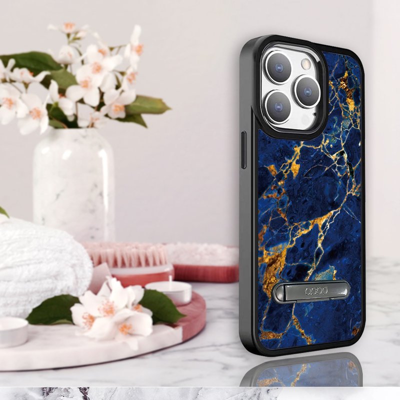 iPhone 15 14系列 軍規防摔鋁合金鏡頭框立架手機殼-大理石寶石藍 - 手機殼/手機套 - 其他材質 多色