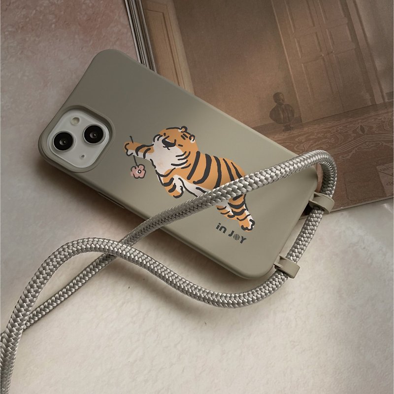 Lucky Tiger TPU Necklace iPhone Case With Detachable Cord For 15,14,13,12case - เคส/ซองมือถือ - พลาสติก สีเทา