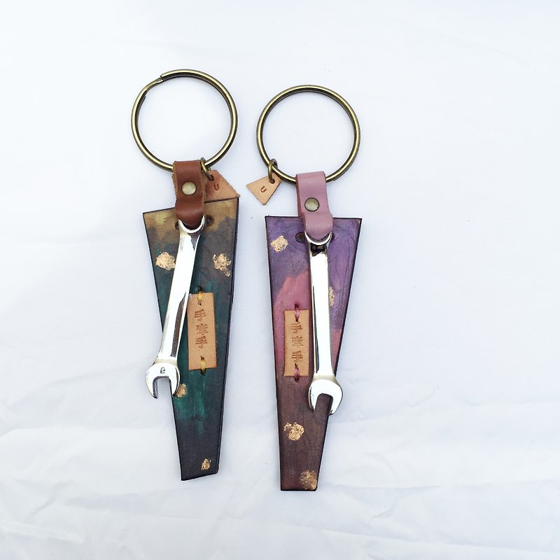 A pair of wrench | leather keychains- Hand to hands - Violet / Emerald color - ที่ห้อยกุญแจ - หนังแท้ สีม่วง