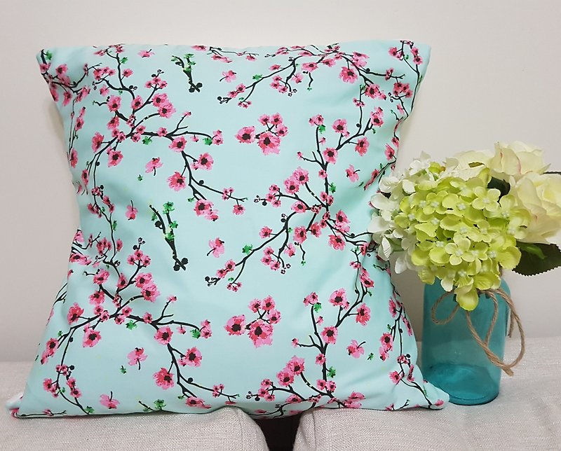 田園風格湖水藍粉紅桃紅花圖案抱枕靠枕靠墊枕套 - 枕頭/咕𠱸 - 棉．麻 綠色