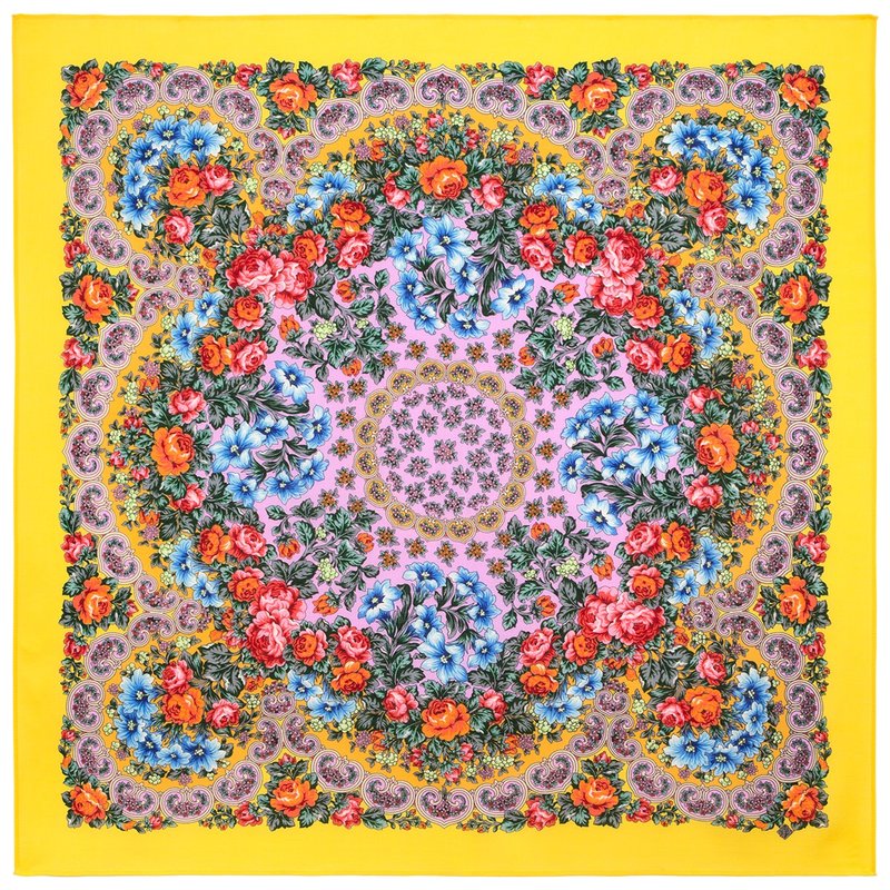 Original Pavlovo Posad Russian Shawl 100% Wool Woolen Scarf 125x125 cm 2037-2 N - 絲巾 - 羊毛 黃色