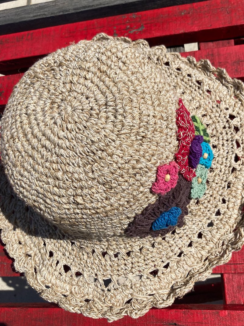 Hand-woven cotton Linen cap Springfield Brown/ red flowers sun hat straw hat / straw hat / hat - Hats & Caps - Cotton & Hemp Multicolor
