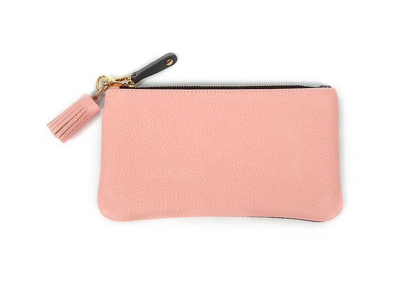 Handmade leather Combi Phone Pouch/Zipper Card Case/Paper money Wallet(Pink) - กระเป๋าสตางค์ - หนังแท้ 