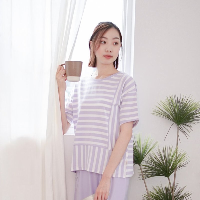 UMORFIL膠原蛋白拼接短袖居家服-條紋紫 - 睡衣/居家服 - 棉．麻 紫色