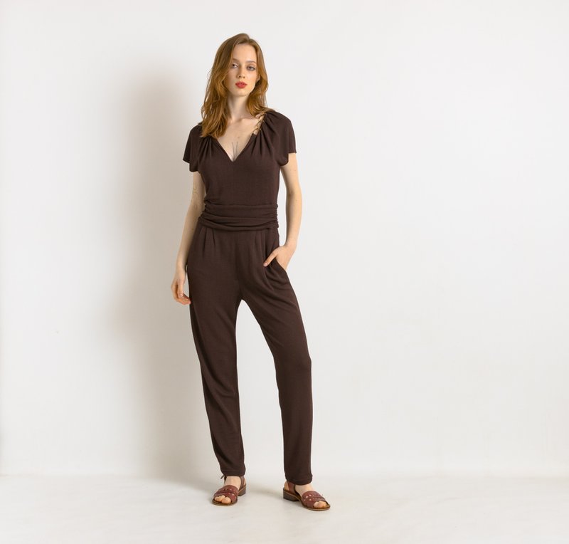 Vintage Escada Brown Woman Skinny Legs Woman Summer Jumpsuit 7529 - 吊帶褲/連身褲 - 其他材質 