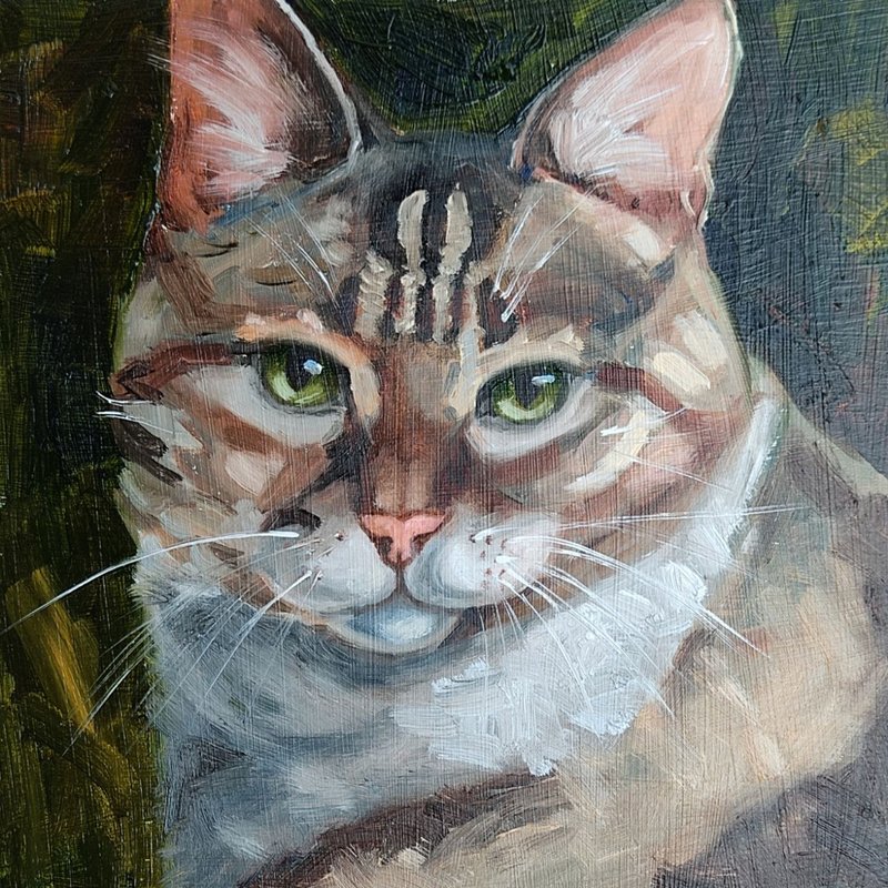 Cat painting tabby cat artwork original oil art pet portrate - โปสเตอร์ - วัสดุอื่นๆ สีเทา