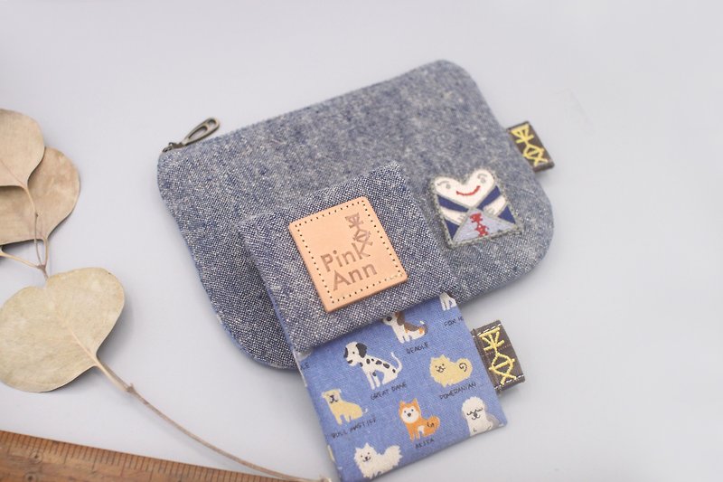 Ping An Classic Card Holder-Meng Meng Dog Lined Up（Blue）Business Card Holder、Youyou Card Pass - パスケース - コットン・麻 ブルー