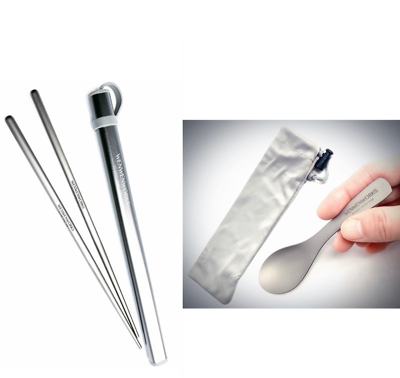 Pure titanium chopsticks and meal set l Pure titanium Boba pearl straws with special brush and storage bag - ตะเกียบ - โลหะ สีเงิน