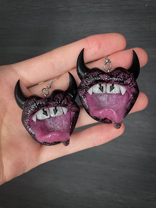 Polymer Diary Earrings. Monstrous lips with horns.