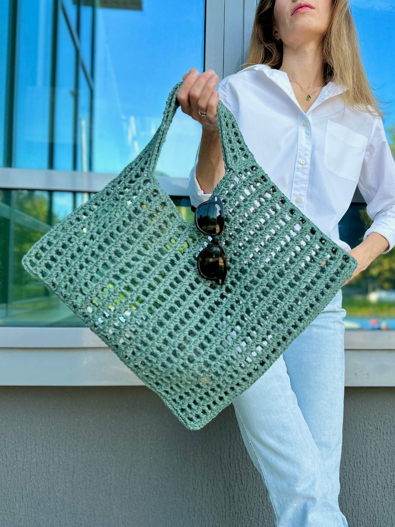Crochet NetBAG, Crochet Raffia Bag, Crochet Shoulder Paper Yarn Bag - กระเป๋าถือ - วัสดุอีโค สีนำ้ตาล