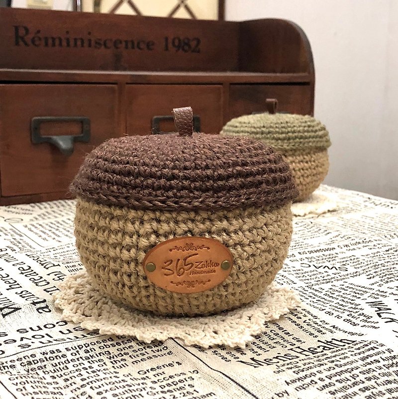 Crochet craft. Natural style acorn storage box (with lace cushion) - Storage - Cotton & Hemp Brown