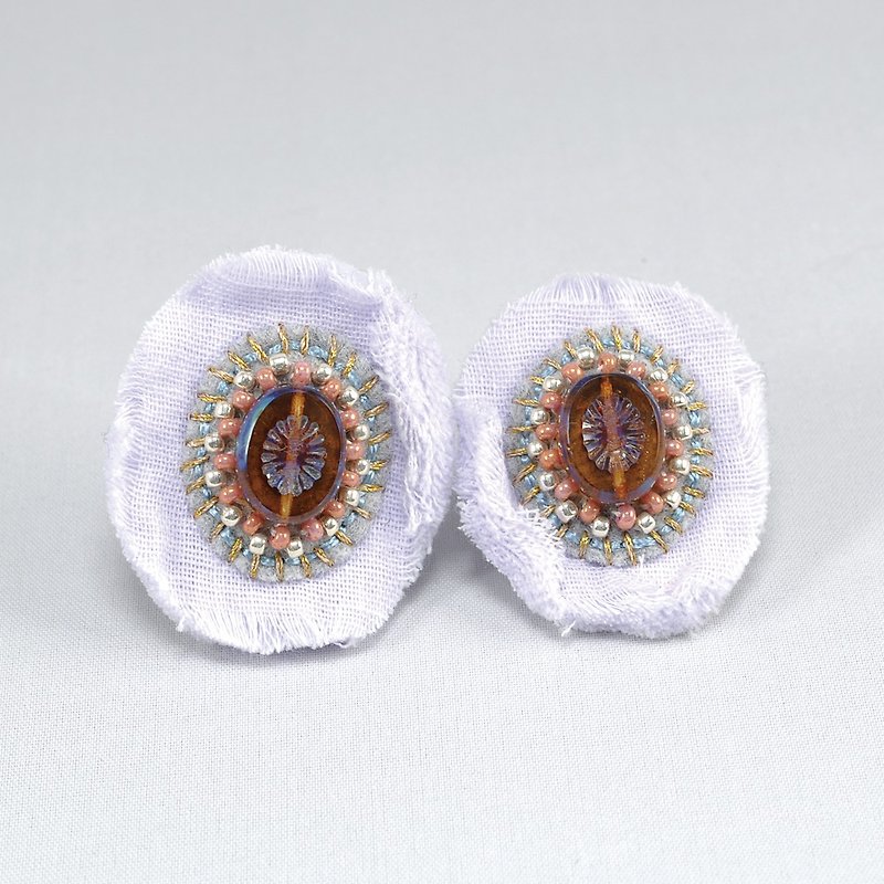 gauze and beads earrings, flower earrings,statement earrings light purple 1 - 耳環/耳夾 - 棉．麻 紫色