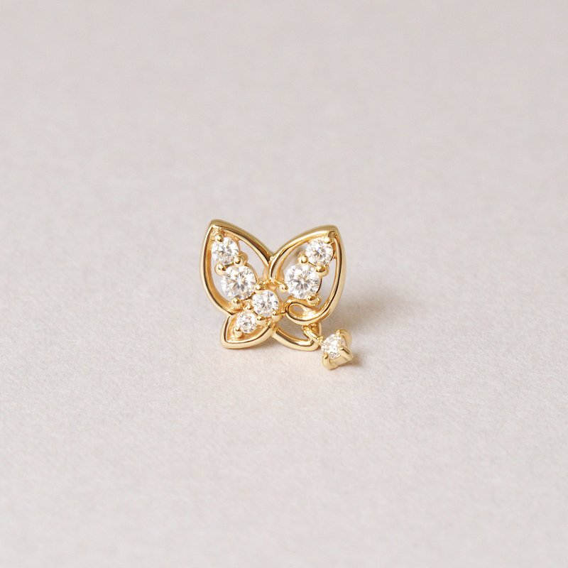 【Solo Earring】 18K/10K 莫桑石蝴蝶單邊耳環 (黃金) - 耳環/耳夾/耳骨夾 - 貴金屬 
