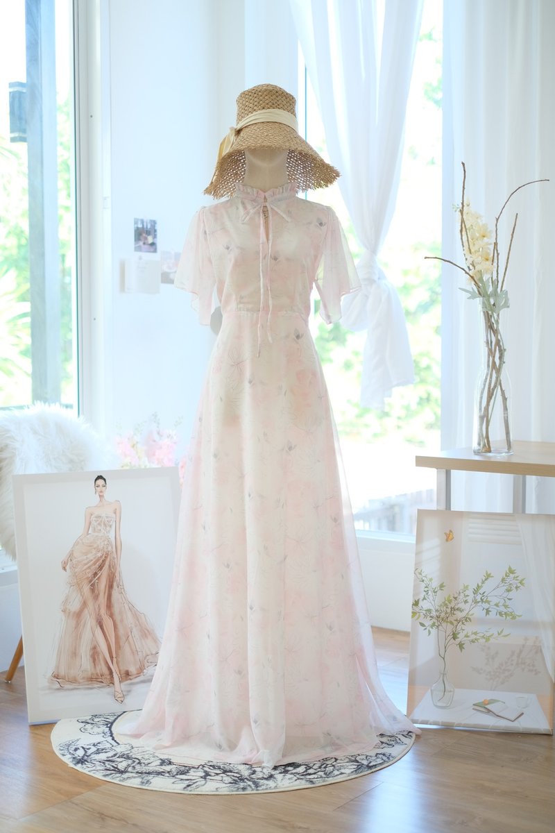 Pink floral vintage maxi summer sundress Floral chiffon bridesmaid party dress - 洋裝/連身裙 - 聚酯纖維 粉紅色