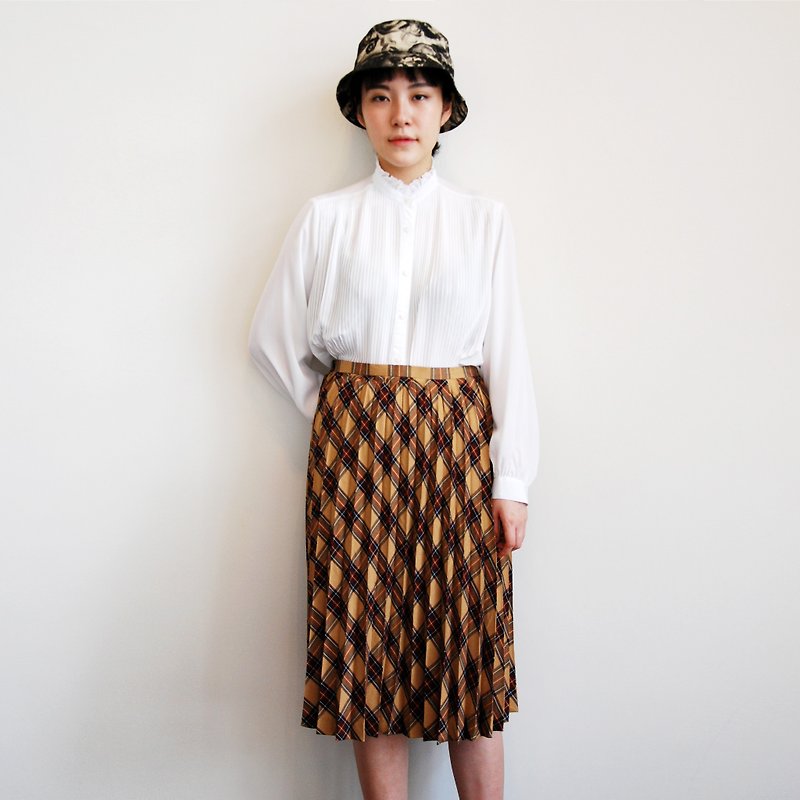 Pumpkin Vintage. Ancient plaid pleated skirt - กระโปรง - วัสดุอื่นๆ 