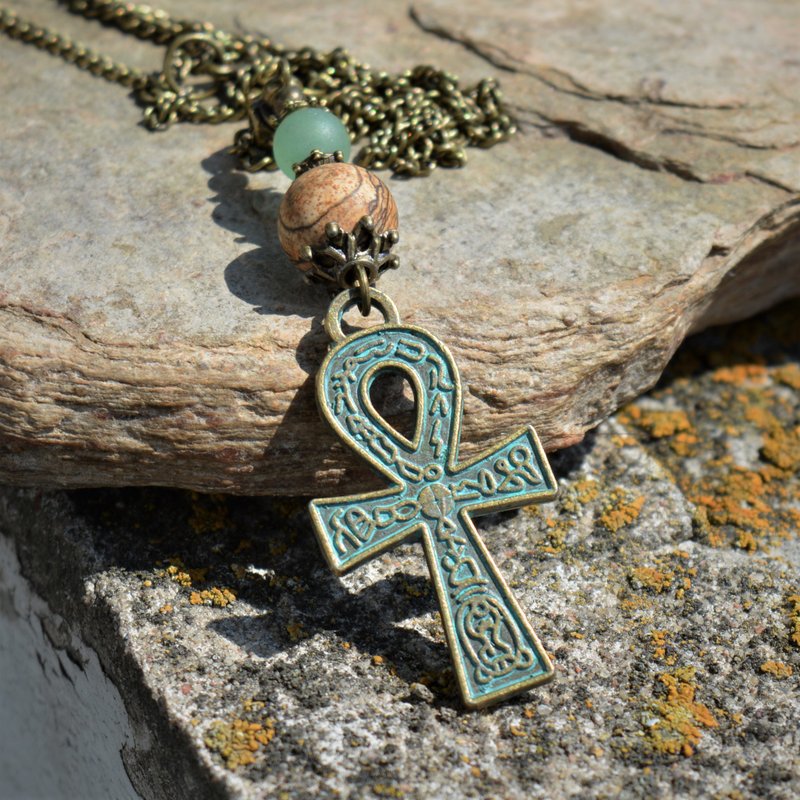 Ankh necklace Gemstone antique bronze Egyptian key cross necklace - Necklaces - Other Metals Green