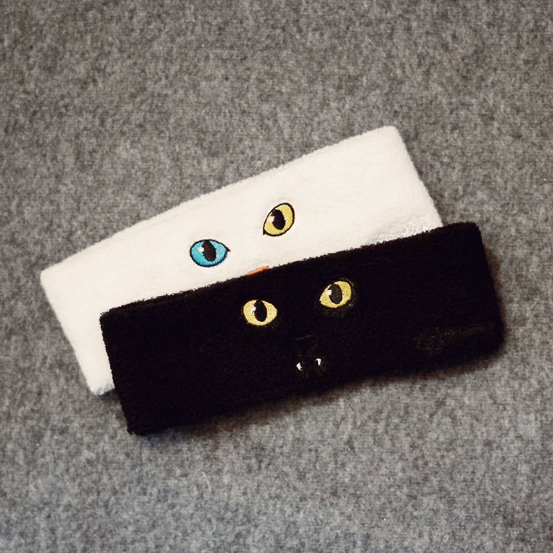 New Arrival / Cat Series-Embroidered Cat Towel Bottom Sports Headband - เครื่องประดับผม - ผ้าฝ้าย/ผ้าลินิน สีดำ