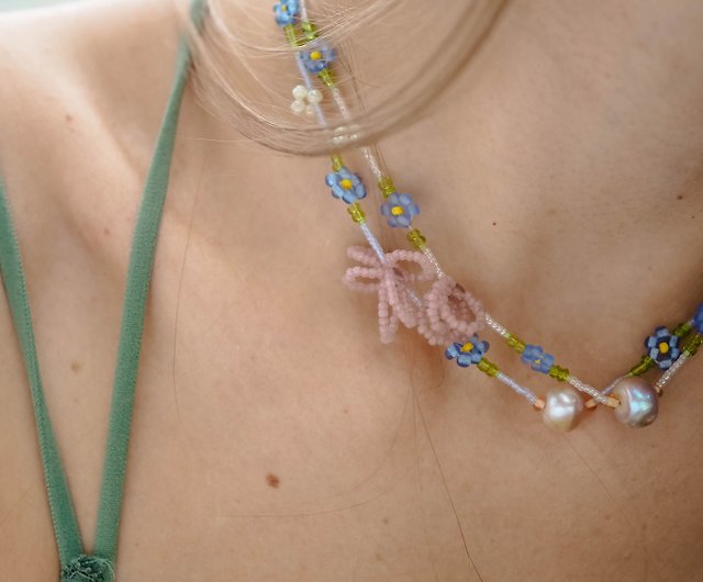 女性用パールビーズネックレス/可憐なフラワーチョーカージュエリー - ショップ Simple flower ネックレス - Pinkoi
