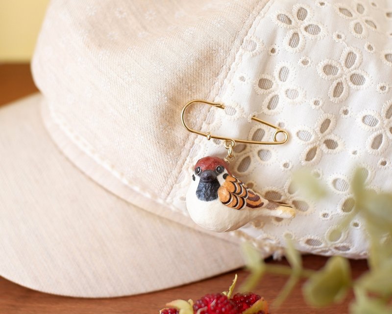 和紙飾品 胸針 麻雀 雀 野鳥 鳥類 - 心口針/胸針 - 其他材質 咖啡色