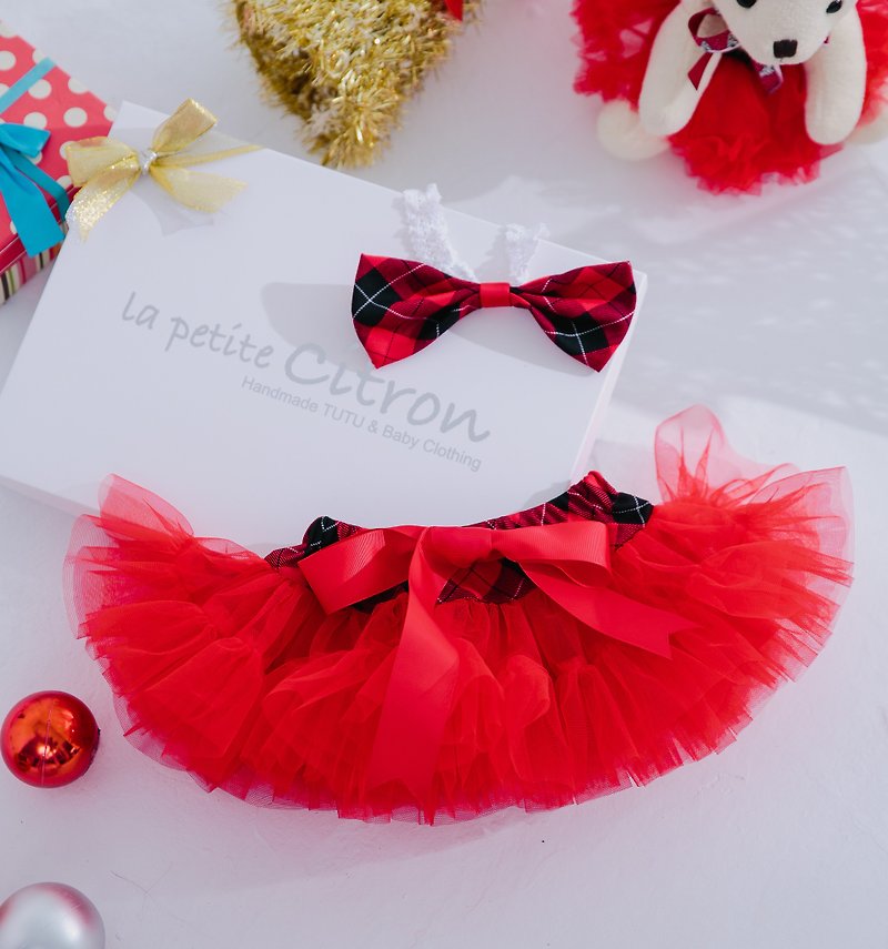 法式手工輕巧款澎澎裙禮盒組 - 經典蘇格蘭格紋紅 - 童裝裙 - 聚酯纖維 紅色