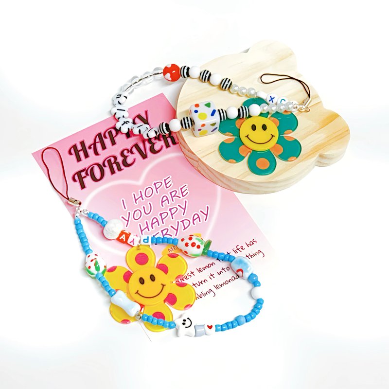 Polka dot smiley sunflower mobile phone pendant - เชือก/สายคล้อง - อะคริลิค 