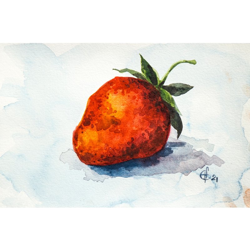 Strawberry Painting Kitchen Still Life Original Art Berry Watercolor Painting - 海報/掛畫/掛布 - 紙 紅色