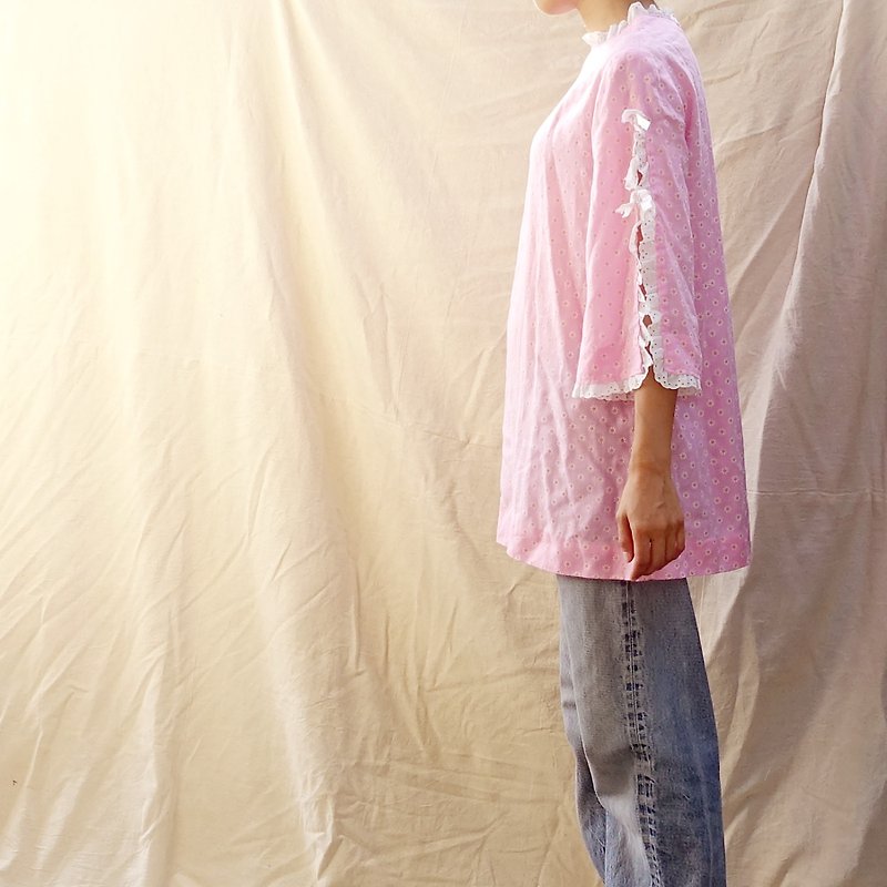 BajuTua / Vintage / American Pink Flower Lace Cardigan - เสื้อผู้หญิง - ผ้าฝ้าย/ผ้าลินิน สึชมพู